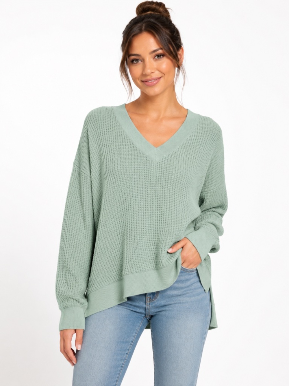 American Eagle Mint Green Waffle Knit V-Neck Pullover Sweater XS